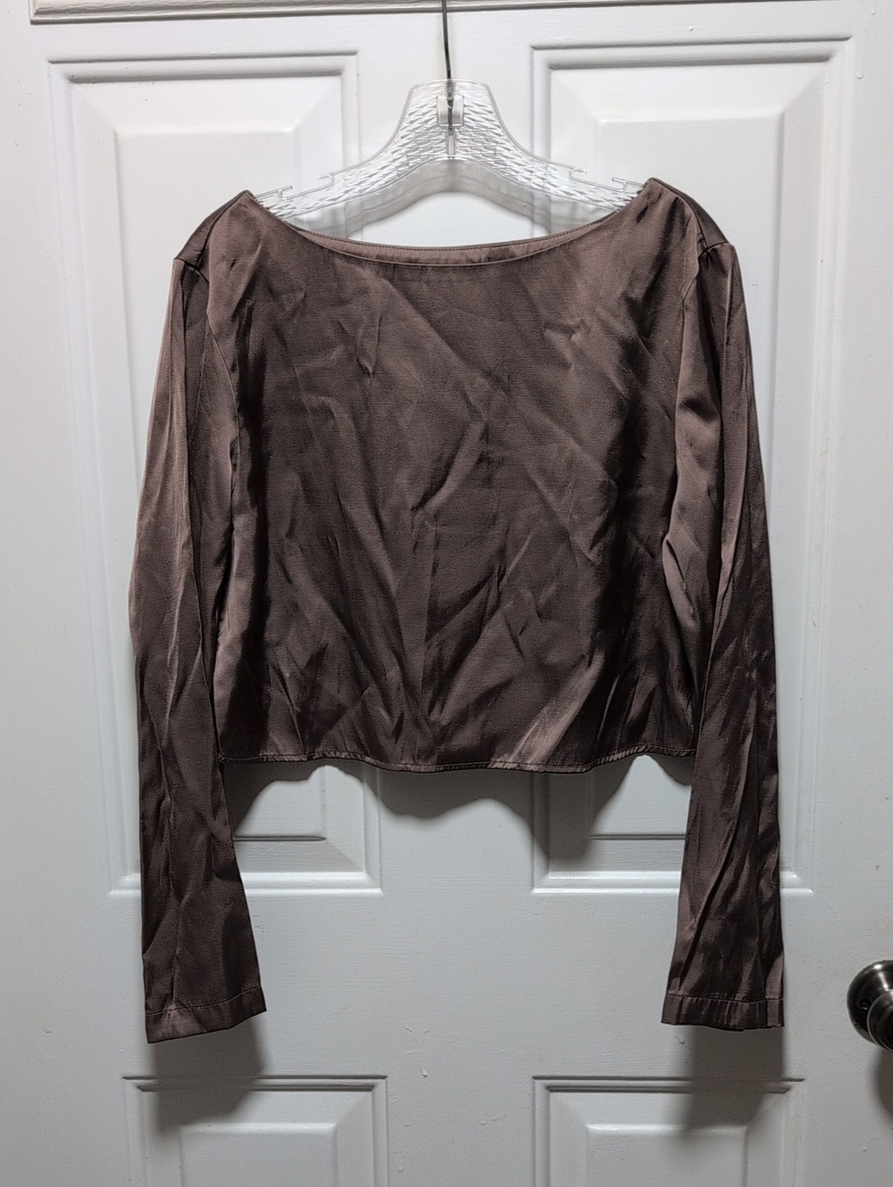 Dynamite Satin Long Sleeve Top in Taupe Brown